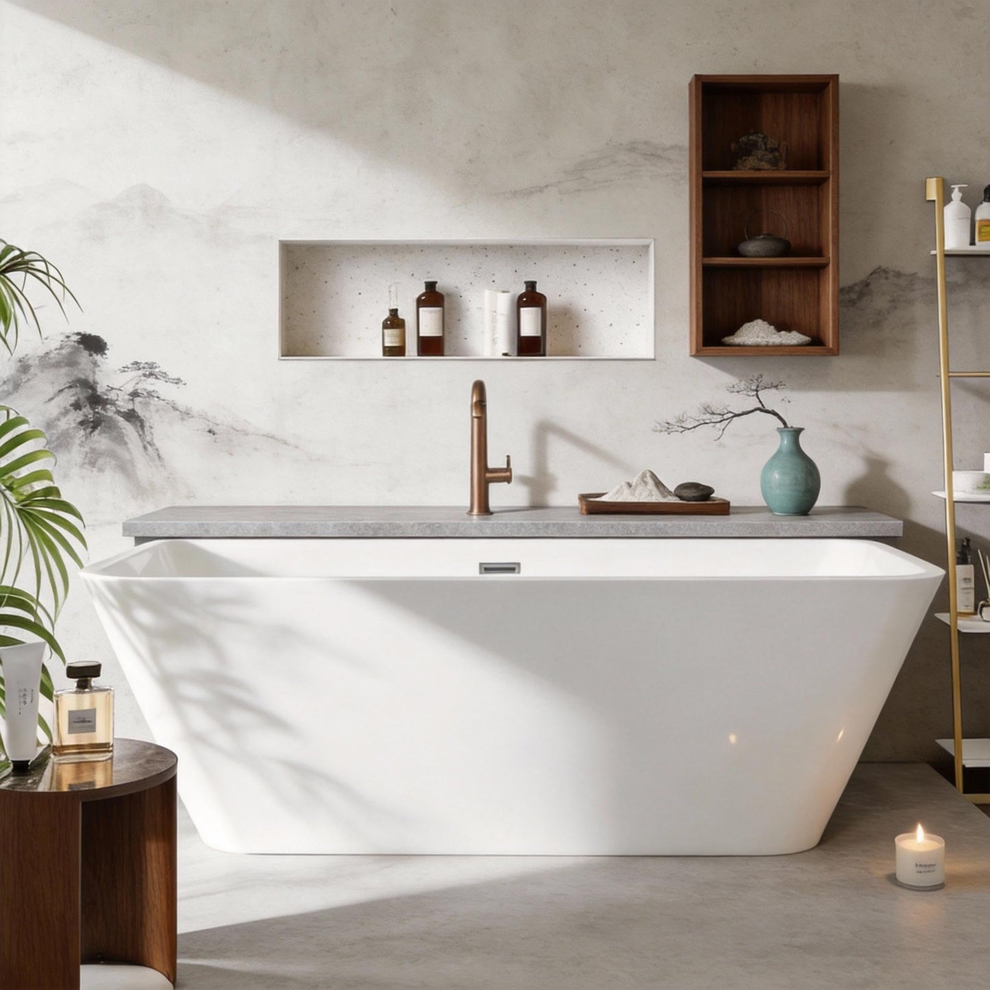 59" Freestanding Bathtub, Modern Soaking Bathtub, Freestanding Rectangular Tub with Non-Slip Base and Easy Drain, Deep Design for Adults, Ideal for Bathroom Relaxation, Chrome Drain, White