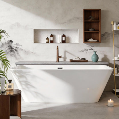 59" Freestanding Bathtub, Modern Soaking Bathtub, Freestanding Rectangular Tub with Non-Slip Base and Easy Drain, Deep Design for Adults, Ideal for Bathroom Relaxation, Chrome Drain, White