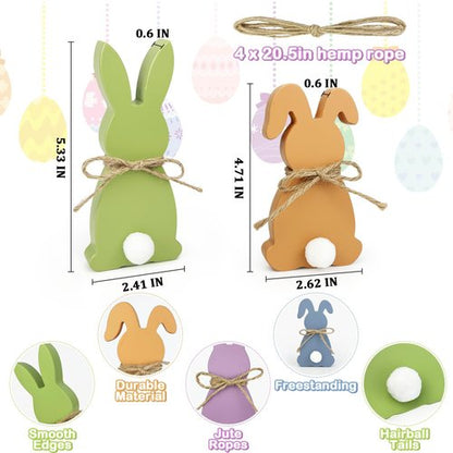 Easter Decorations - Wooden Bunny Peeps Signs 4PCS, Spring Decor with Hemp Rope for Home Table Tiered Tray, Easter Freestanding Centerpiece for Indoor Mantel Shelf Office Party Gifts Basket Stuffers