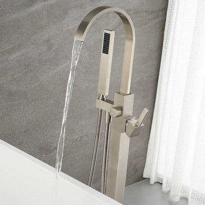 Artiqua Freestanding Bathtub Faucet Tub Filler Brushed Nickel Waterfall Floor Mount Faucets Single Handle with Hand Shower