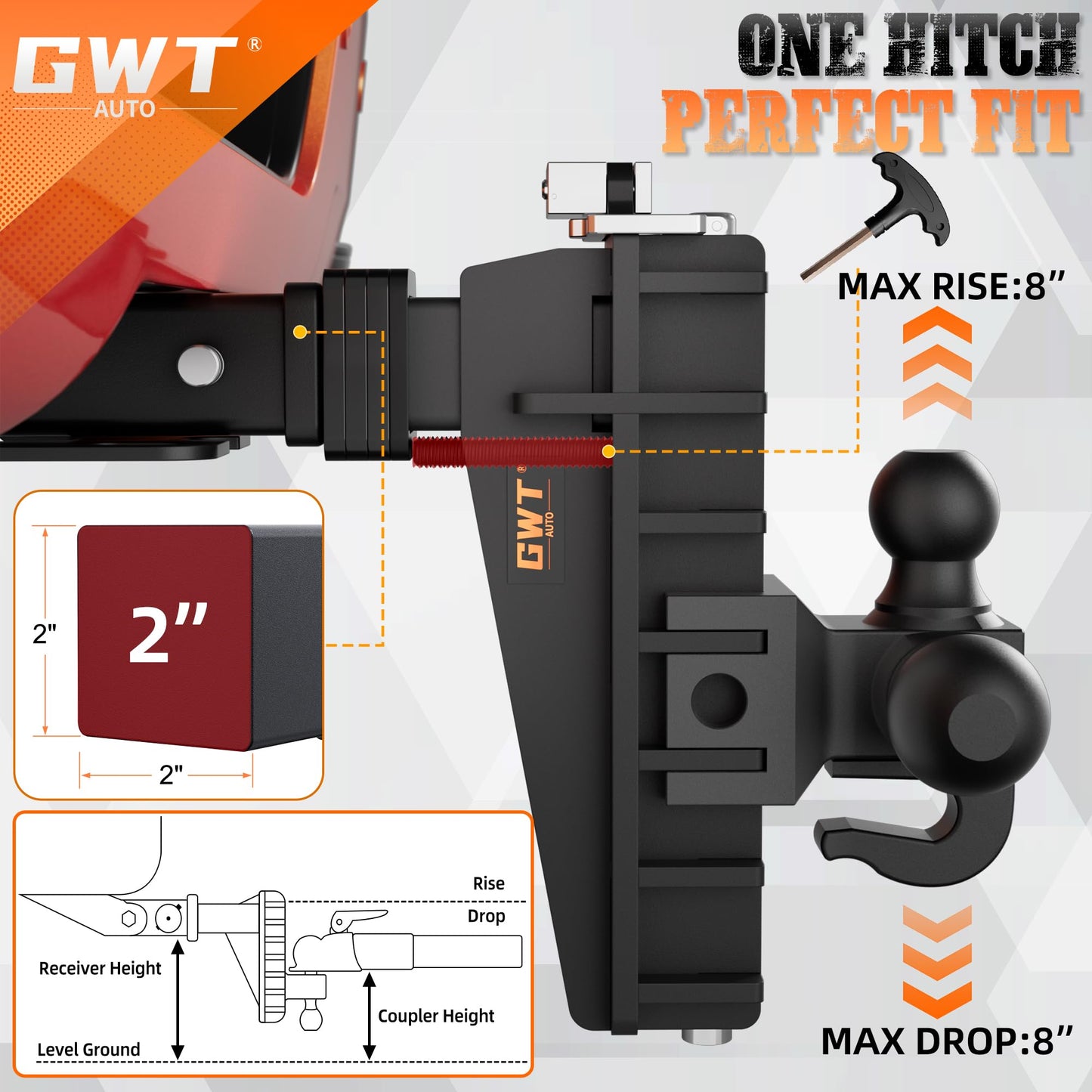 Adjustable Trailer Hitch with Hook, Tri-Ball (1-7/8" x 2" x 2-5/16") Drop Hitch, Fits 2-Inch Receiver, 8 Inch Drop Hitch, 18500 LBS GTW-Class 3 Tow Hitch for Heavy Duty Truck, Black, Solid Ball Mount