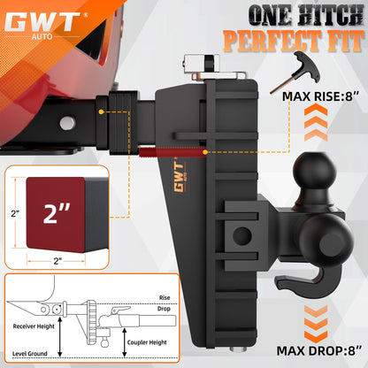 Adjustable Trailer Hitch with Hook, Tri-Ball (1-7/8" x 2" x 2-5/16") Drop Hitch, Fits 2-Inch Receiver, 8 Inch Drop Hitch, 18500 LBS GTW-Class 3 Tow Hitch for Heavy Duty Truck, Black, Solid Ball Mount