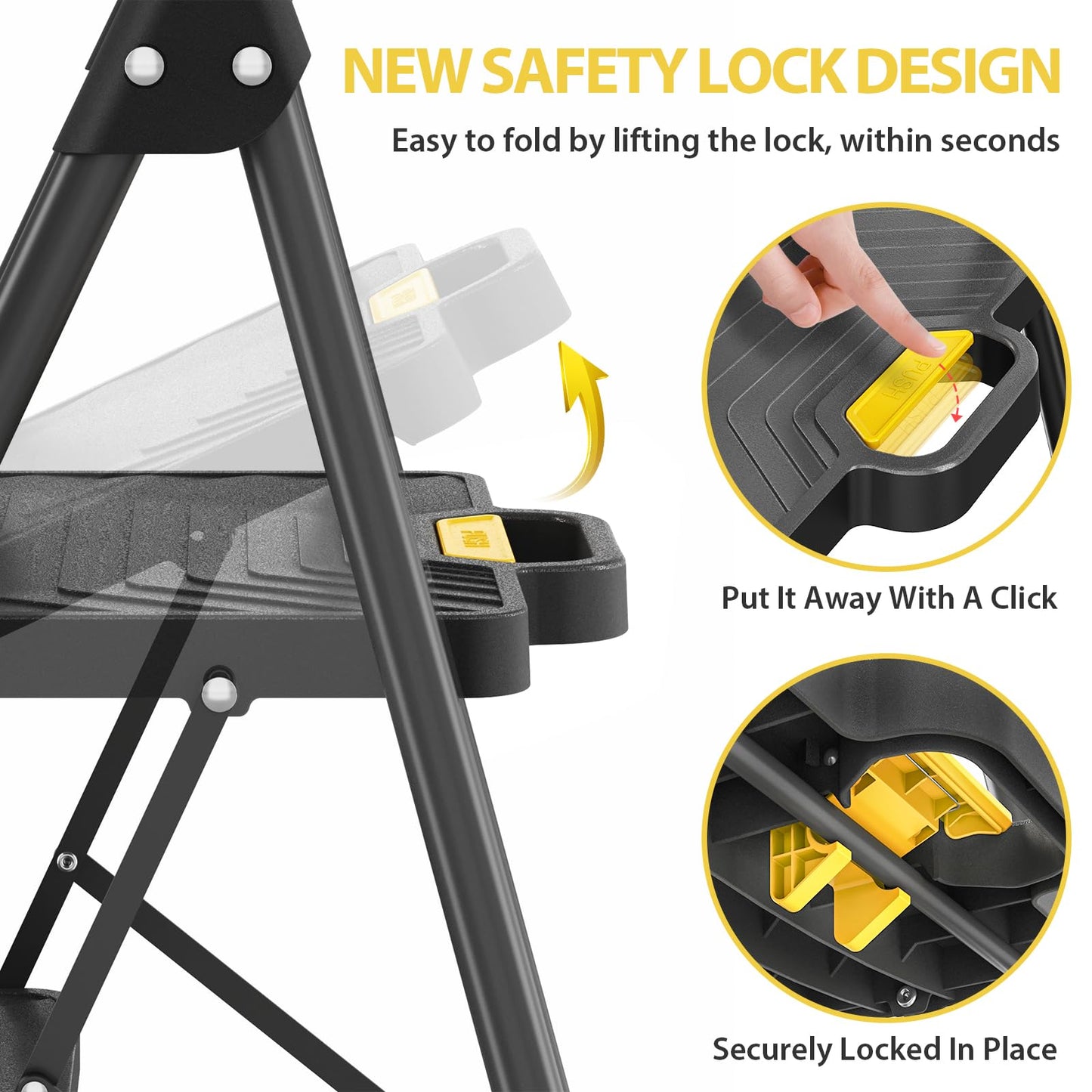 KINGRACK 5 Step Ladder, Sturdy Steel Step Stool with Anti-Slip Wide Pedals, Handrail, Safe-Lock Design, Pass 800lbs Load Testing, Folding Portable Ladder for Multi-Purpose, Home, Kitchen, Black