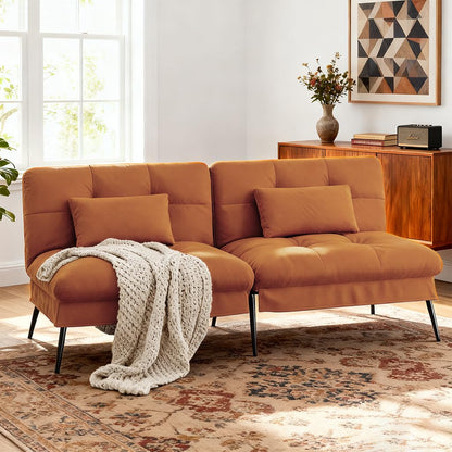 COMHOMA 72″ Futon Sofa Bed,Convertible Fabric Futons Couch with Adjustable Backrest, Folding Sleeper Recliner for Living Room Furniture (Orange)