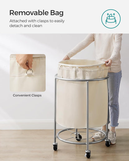 SONGMICS Laundry Basket - 50.2-Gallon Rolling Hamper Cart with Steel Frame & Removable Bag - Cream White & Metallic Silver