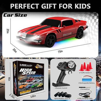 RC Drift Car 1:24 Remote Control Car 4WD 15KM/H High Speed Racing Sport Car with LED Lights RC Cars Toy for Kids Boys Girls Adults Gifts Birthday Christmas Rechargeable Batteries