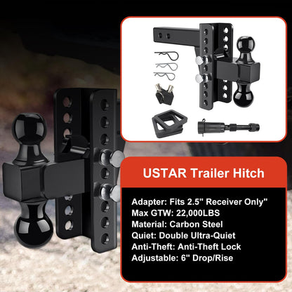 Adjustable Trailer Hitch Fits 2.5 Inch Receiver 6 Inch Drop/Rise, 2 & 2-5/16 Ball Hitches for Trucks, 22000 LBS GTW, Drop Hitch Tow Hitch Trailer Hitches with Anti-Theft Pin Solid Ball Mount