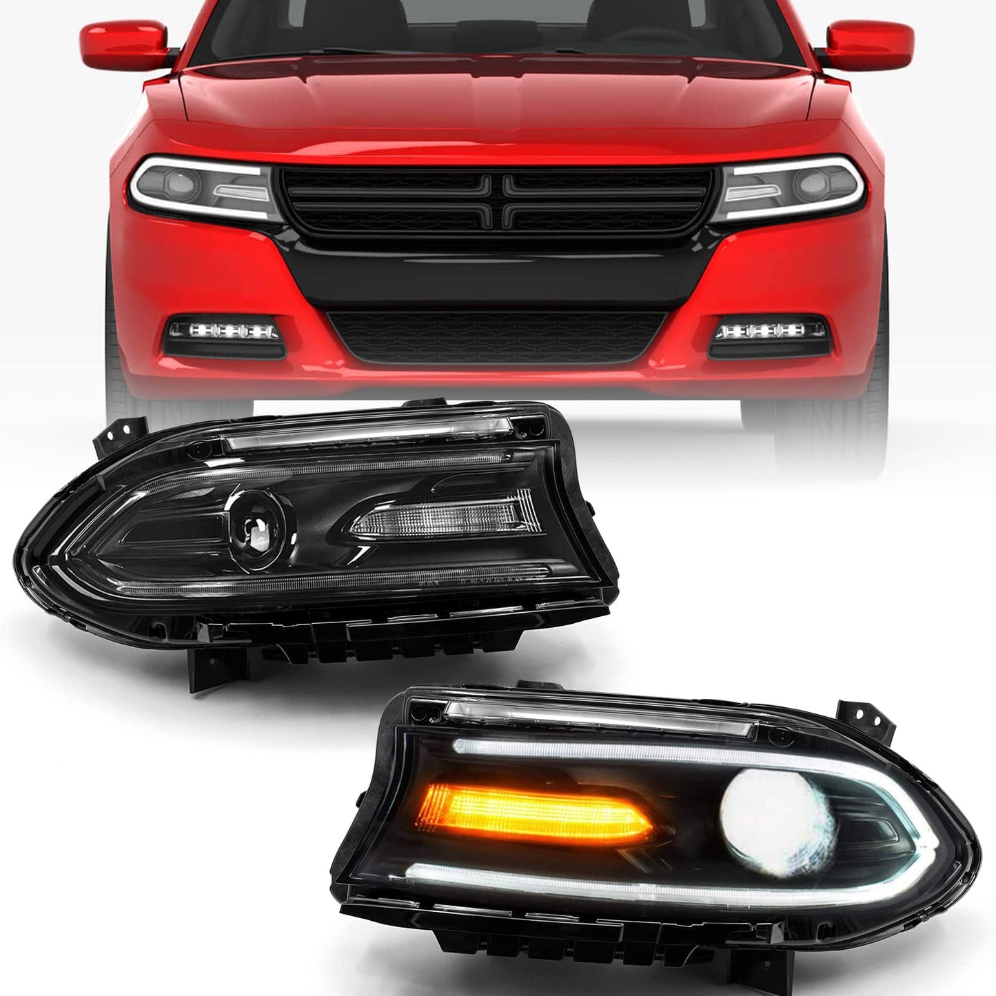VLINCAR Halogen Model Headlights Assembly Compatible with Dodge Charger 2015-2021 Headlamp Replacement Pair Left Driver LH & Right Passenger Side RH