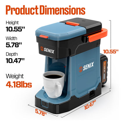 SENIX Coffee Maker Single Serve, Portable, 2-in-1 20V 5.0 Ah Battery, Charger & Power Cord, Compatible with K-Cups, Ground, Pods, 8oz Brew Size - for Travel, Camping, To-Go, Job Site, Home (CMX2-M4)