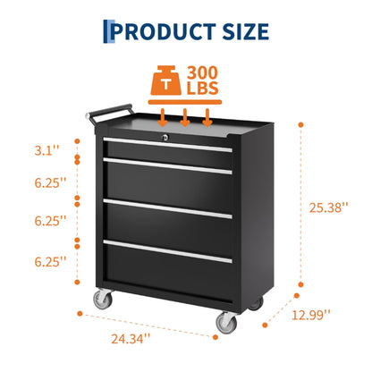 Rolling Tool Box with Wheels – 4 Drawer Heavy Duty Tool Chest Cabinet, Lockable Portable Storage Organizer with Drawer Liners, Mobile Mechanic Toolbox for Garage, Workshop, Shop, Easy Assembly, Black