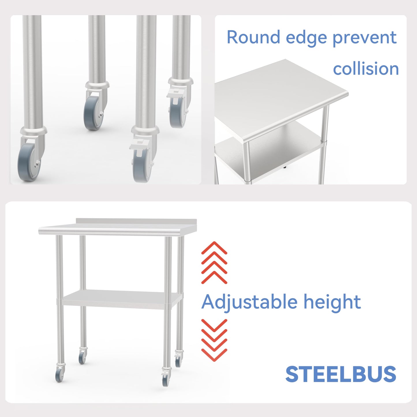 STEELBUS Stainless Steel Work Table with Back Panel,Undershelf and Casters,Commercial Prep Table for Kitchen, Restaurant,Garage,Workshop,NSF Certified,Durable,Scratch & Rust Resistant