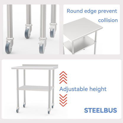 STEELBUS Stainless Steel Work Table with Back Panel,Undershelf and Casters,Commercial Prep Table for Kitchen, Restaurant,Garage,Workshop,NSF Certified,Durable,Scratch & Rust Resistant