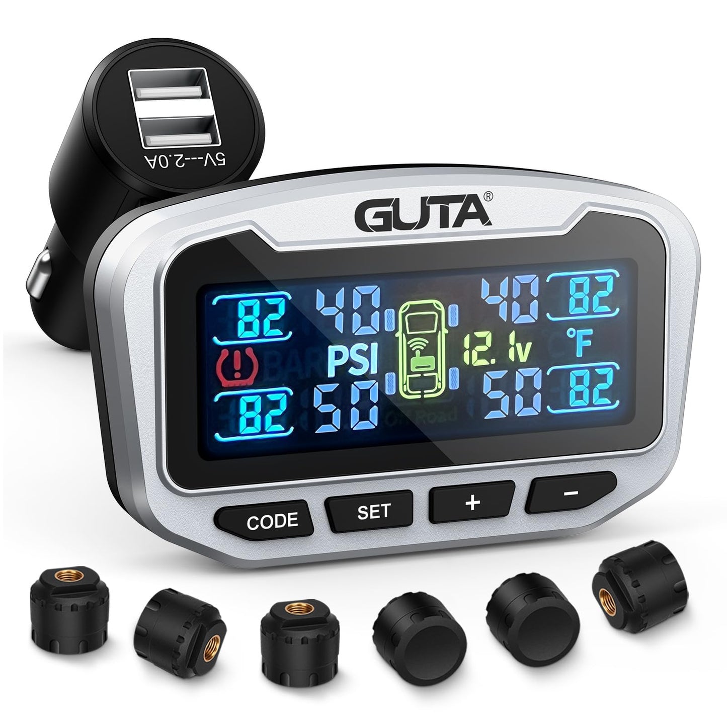 GUTA RV Tire Pressure Monitoring System, Trailer TPMS, 6 Sensors, 6 Alert Modes, Long Range Signal, CLA Charging & 2 USB-A Outputs, Adjustable LCD Display, Ideal for RV Truck Trailer Camper (0-188psi)
