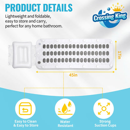Crossing King Bubble Bath Mat Tub Spa Massager, Portable Spa Bubble Bath Massager with Upgraded Powerful Suction Cup, Electric Air Pump, Pillow and Remote Control for Relaxation 45 * 17in (Gray)