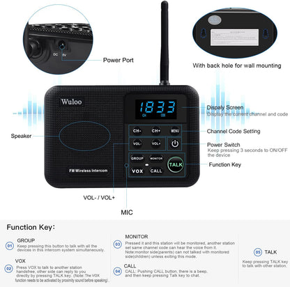 Wuloo Intercoms Wireless for Home 1 Mile Range 22 Channel 100 Digital Code Display Screen, Wireless Intercom System for Home House Business Office, Room to Room Intercom Communication(3Stations Black)
