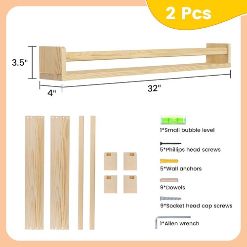 Fun Memories Nursery Book Shelves - Rustic Solid Wood Floating Bookshelf for Kids - 32-Inch Natural Wall Shelf (2-Pack)