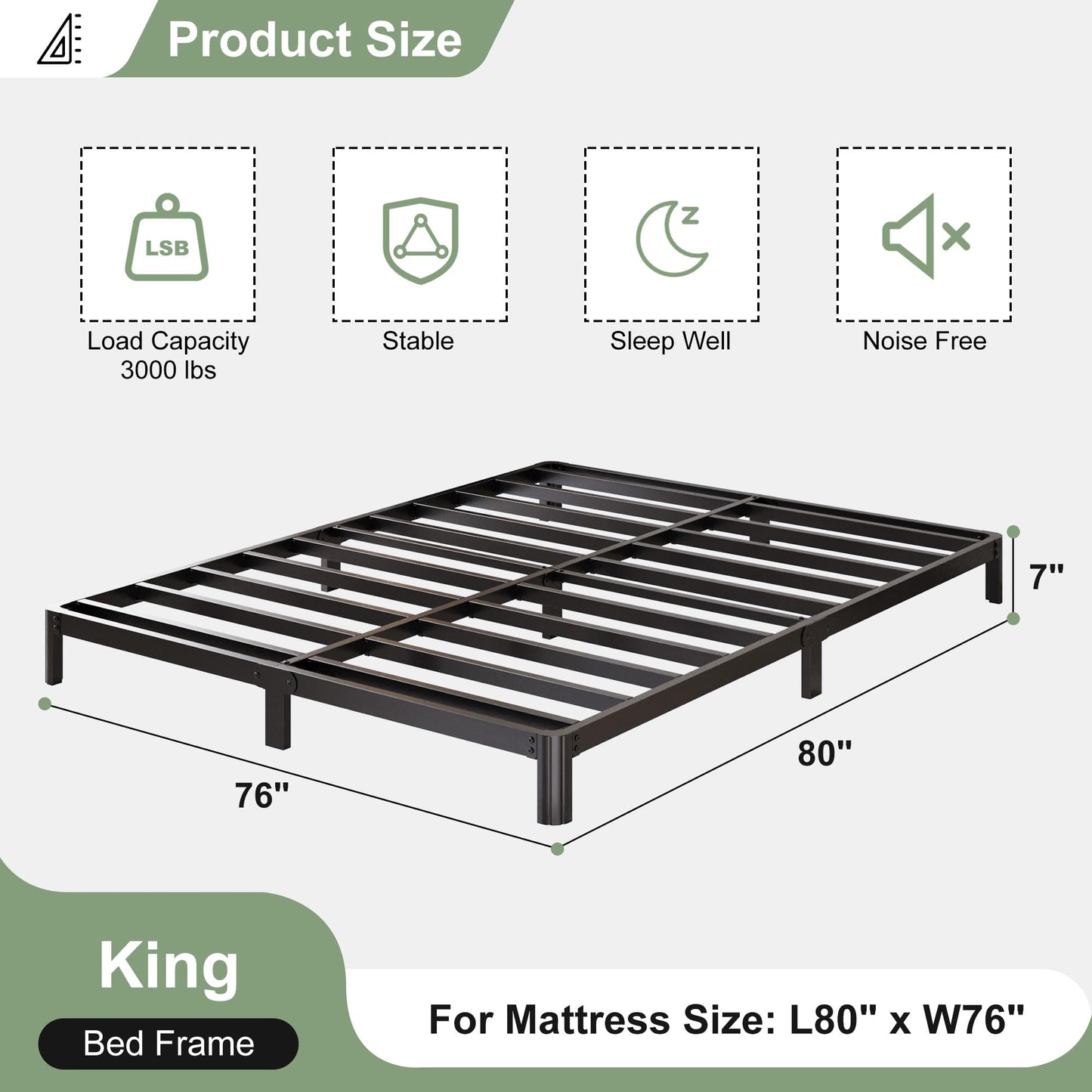Lutown-Teen 7 Inch Low Profile King Bed Frame with Rounded Corner Legs, 2000 LBS Heavy Duty Metal King Size Platform Bed Frame No Box Spring Needed, Easy Assembly, Black