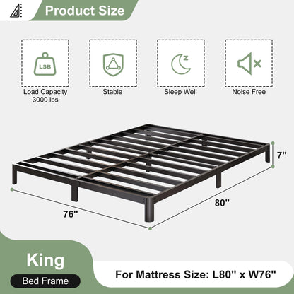Lutown-Teen 7 Inch Low Profile King Bed Frame with Rounded Corner Legs, 2000 LBS Heavy Duty Metal King Size Platform Bed Frame No Box Spring Needed, Easy Assembly, Black