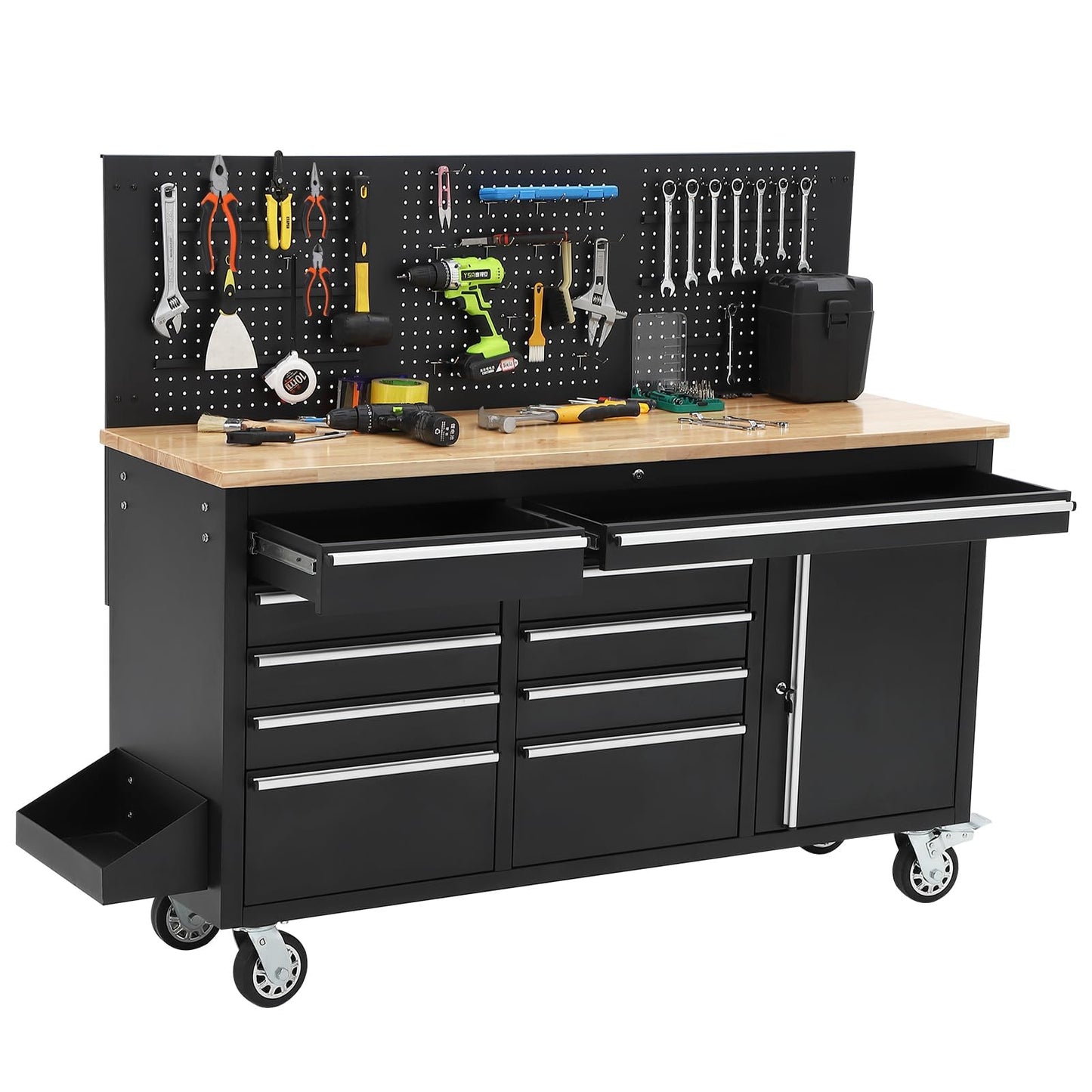 61-Inch Heavy Duty Rolling Tool Chest with 10 Drawers and Solid Rubber Wood Top Mobile Workstation, 1675 LBS Load, Includes Power Strip, Locking System, Drawer Liners for Garage Warehouse Repair Shop