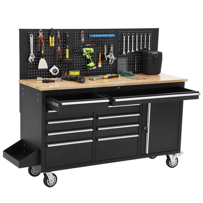 61-Inch Heavy Duty Rolling Tool Chest with 10 Drawers and Solid Rubber Wood Top Mobile Workstation, 1675 LBS Load, Includes Power Strip, Locking System, Drawer Liners for Garage Warehouse Repair Shop