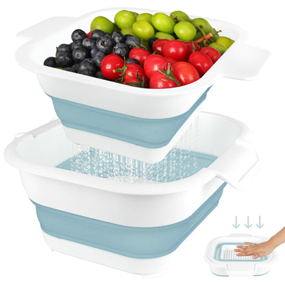 ROTTOGOON Collapsible Colander Set with Strainer Bowl, 2 in 1 Fruit Washing Basket with Strainer, 5 + 3 QT Plastic Colanders for Kitchen, Foldable Double Layered Colanders Bowl for Vegetable, Grey