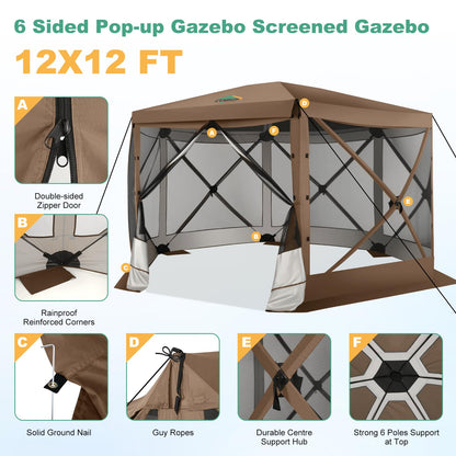 COBIZI 12x12 FT Pop Up Canopy Extendable Tent, Gazebos On Clearance, Screened in Gazebo,Screen Tents Portable carpas para Patio for Outdoor Camping,Backyard, Garden, Brown(Upgraded)