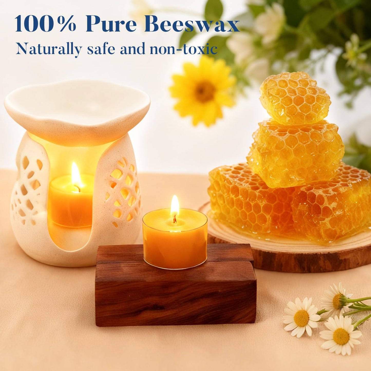Crenovo Tea Lights Beeswax 12 Pack, 8-Hour 100% Pure Bees Wax Tealight Candles, Smokeless Unscented Votive Cup Candles for Home Spa Meditation Relaxation