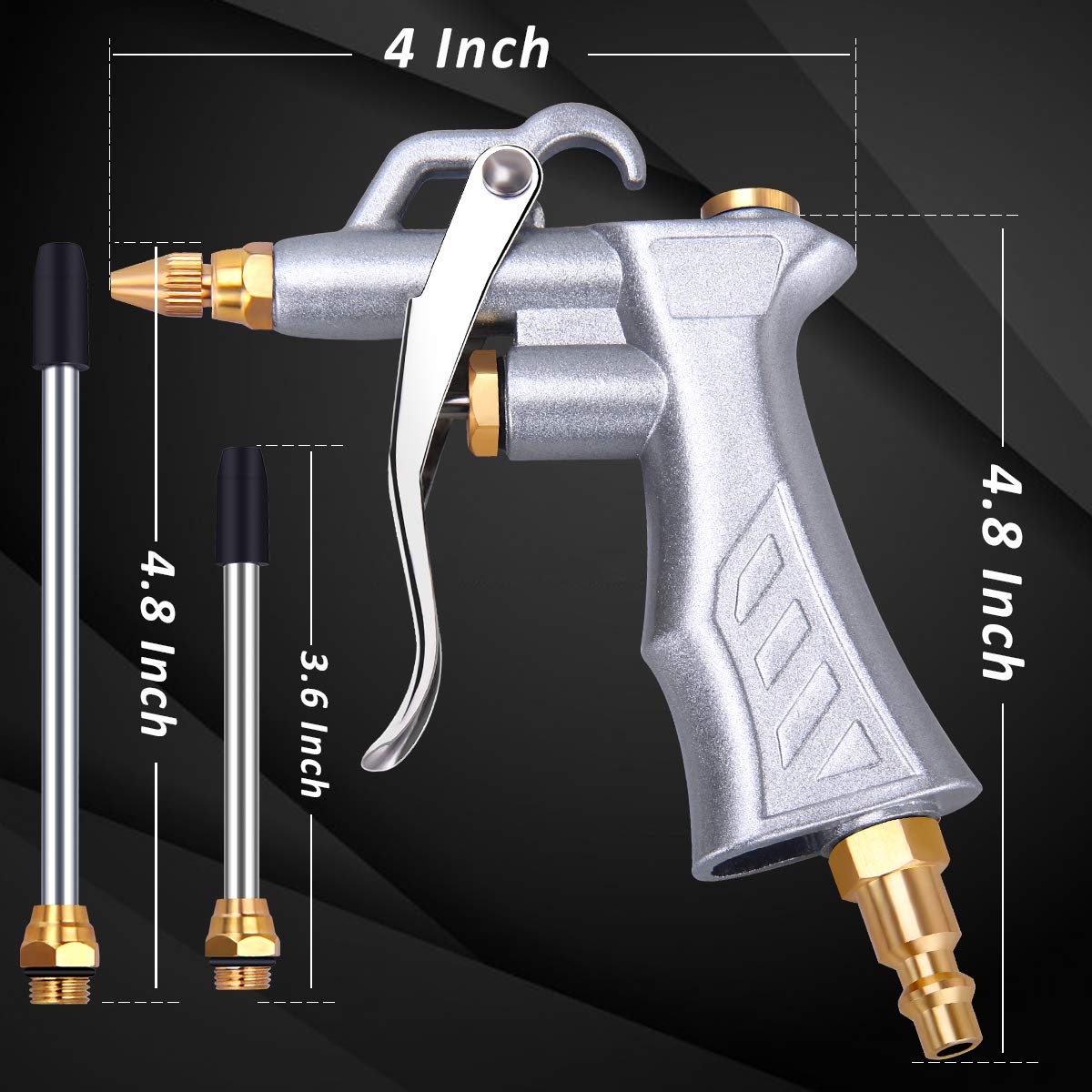 Industrial Air Blow Gun with Brass Adjustable Air Flow Nozzle and 2 Steel Air flow Extension, Pneumatic Air Compressor Accessory Tool Dust Cleaning Air Blower Gun-2 Pack
