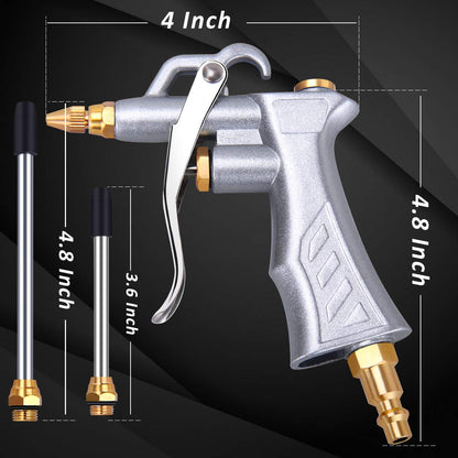 Industrial Air Blow Gun with Brass Adjustable Air Flow Nozzle and 2 Steel Air flow Extension, Pneumatic Air Compressor Accessory Tool Dust Cleaning Air Blower Gun-2 Pack