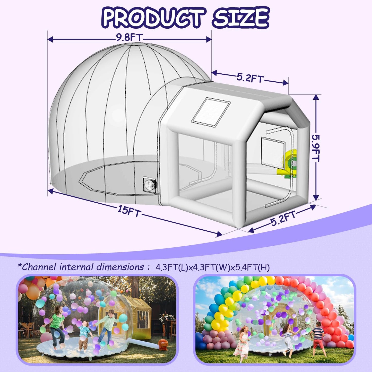 10ft Inflatable Bubble House Dome with Tunnel for Kids, Clear TPU Balloon Tent for Parties, Includes 450W Air Blower & 600W Air Pump