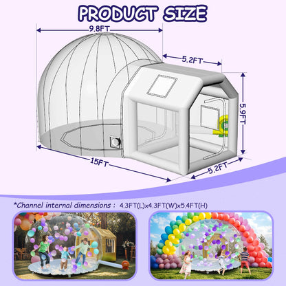 10ft Inflatable Bubble House Dome with Tunnel for Kids, Clear TPU Balloon Tent for Parties, Includes 450W Air Blower & 600W Air Pump