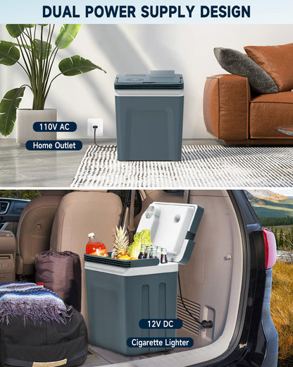 SubSun 27 Quart Electric Cooler and Warmer with Handle, 25L Portable Thermoelectric Fridge for Vehicles & Trucks, 12 Volt Car Fridge Cooler with 12V DC & 110 AC for Camping, Travel & Picnics, Grey
