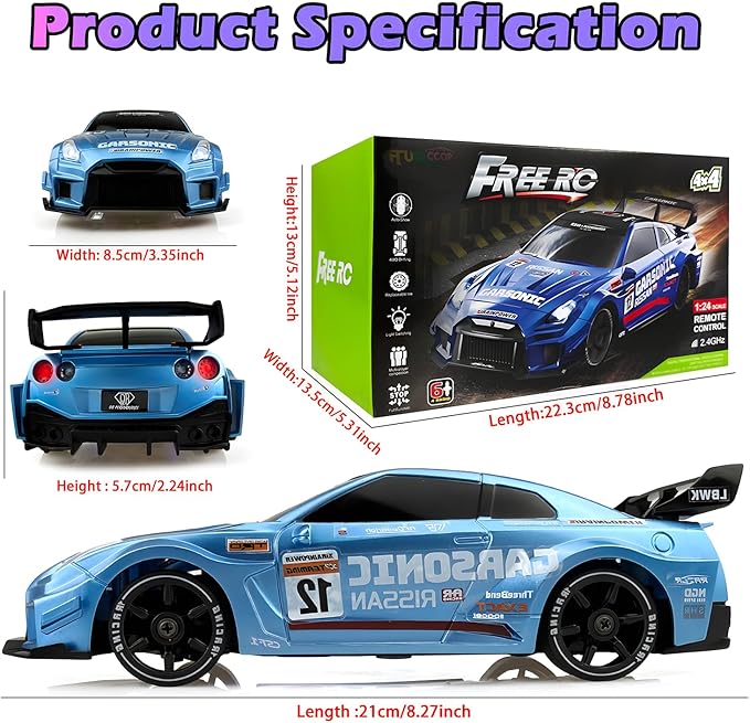 1:24 RC Drift 2.4GHz with LED Light Race Car Toys for Boys and Girls Aged 6+ Speed Adjustable up to 23Km/H High-Speed RC Racing Cars Toy Gift for Boys &amp Girls (Blue)