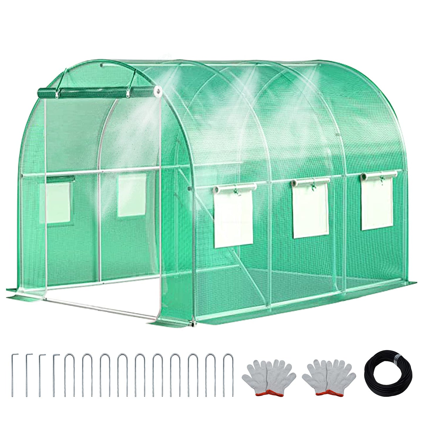 KANAGAWA 10'x7'x 7' Walk-in Tunnel Greenhouse with Watering System Heavy Duty Portable Green House Protect Gardening Plants 1 Zipper Mesh Door, 6 Roll-up Windows, Thickened galvanised Steel,Green