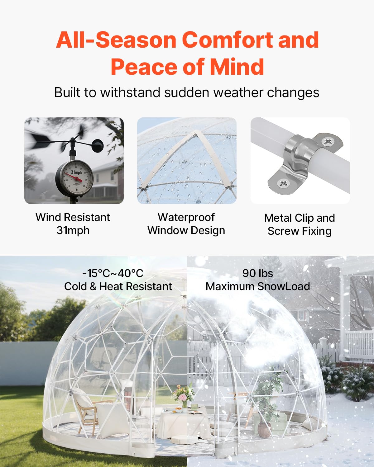 VEVOR Garden Dome Tent, 12 x 7.2 ft Clear Bubble Tent House for 4–7 Person, Waterproof PVC Geodesic Dome Greenhouse with Ventilated Window, Outdoor Igloo