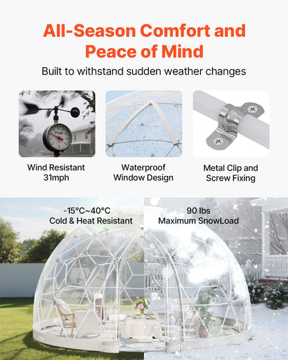 VEVOR Garden Dome Tent, 12 x 7.2 ft Clear Bubble Tent House for 4–7 Person, Waterproof PVC Geodesic Dome Greenhouse with Ventilated Window, Outdoor Igloo