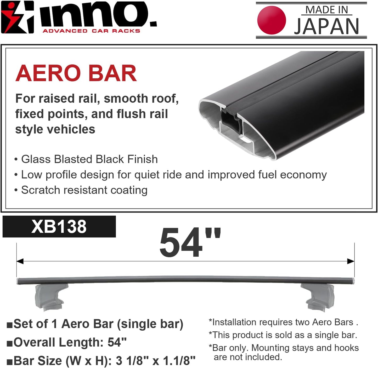 INNO XB138 Aero Reduced Noise Base Bars - 54-Inch (1 Bar) (Glass Blasted Black)