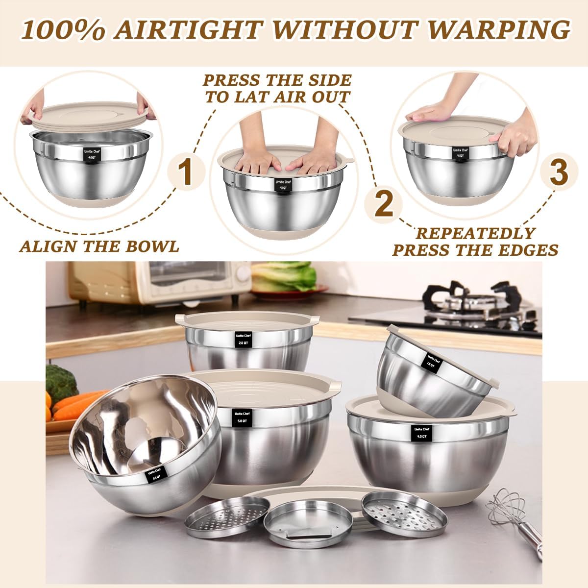Umite Chef Mixing Bowls Set - 8PCS Stainless Steel Nesting Bowls with Airtight Lids & Grater | Khaki, Non-Slip Bottoms, 1.5QT to 5QT