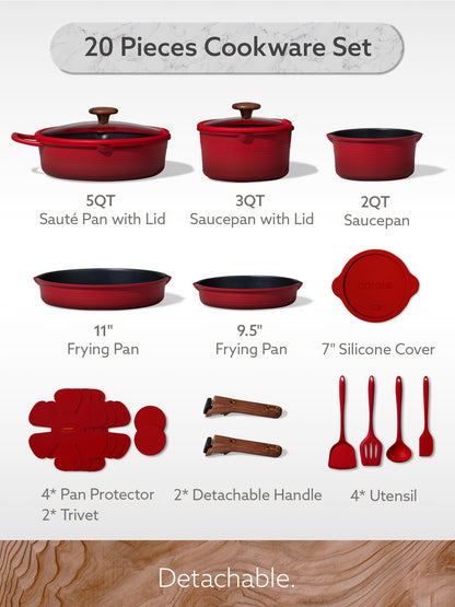 CAROTE 20Pcs Titanium Cookware Set, Pots and Pans Set Non Stick, Kitchen Cooking Set with Detachable Handle, Non Toxic Induction Cookware - Camping Cookware, Dishwasher/Oven Safe, Red