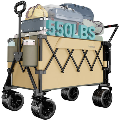 SUNNYFEEL 550LBS Collapsible Wagon Cart - Heavy Duty Push Pull Foldable Wagon with Dual Handles and Big Wheel,Utility Cart with Rear Tailgate for Camping, Fishing, Gardening, Shopping, Grey