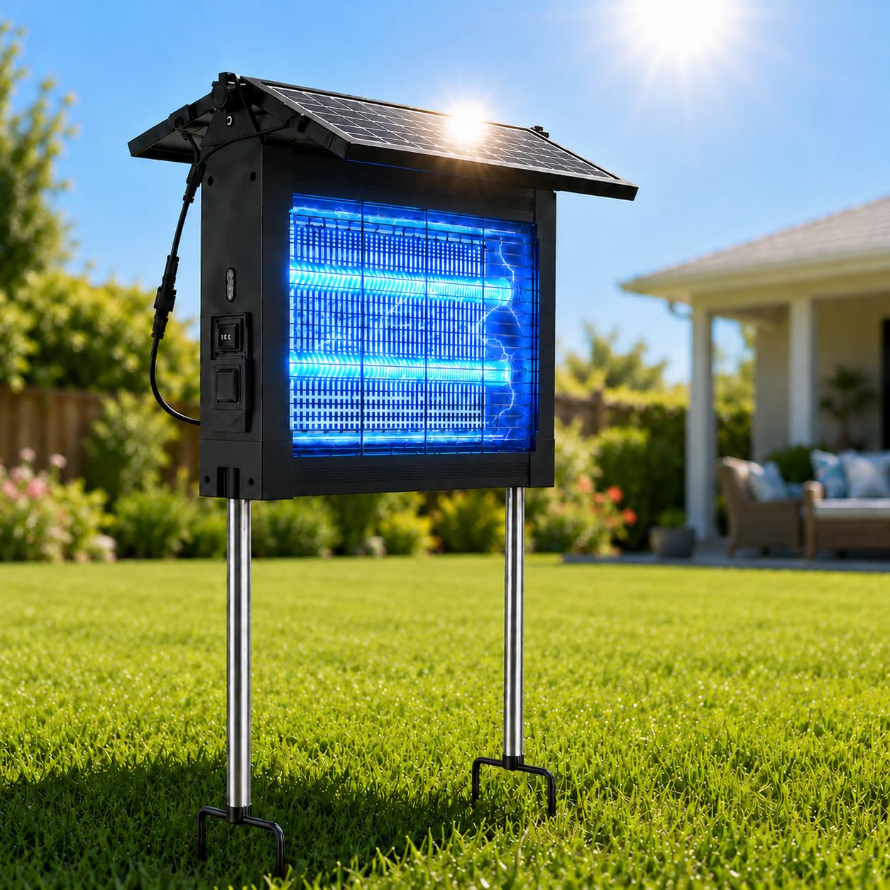 Solar Bug Zapper Outdoor, 4500V Outdoor Mosquito Zapper with Detachable Fold-Down Solar Roof Panel, IPX5 Waterproof Solar Powered Bug Zapper for Patio Yard Garden Backyard Camping, Hanging Stake Use