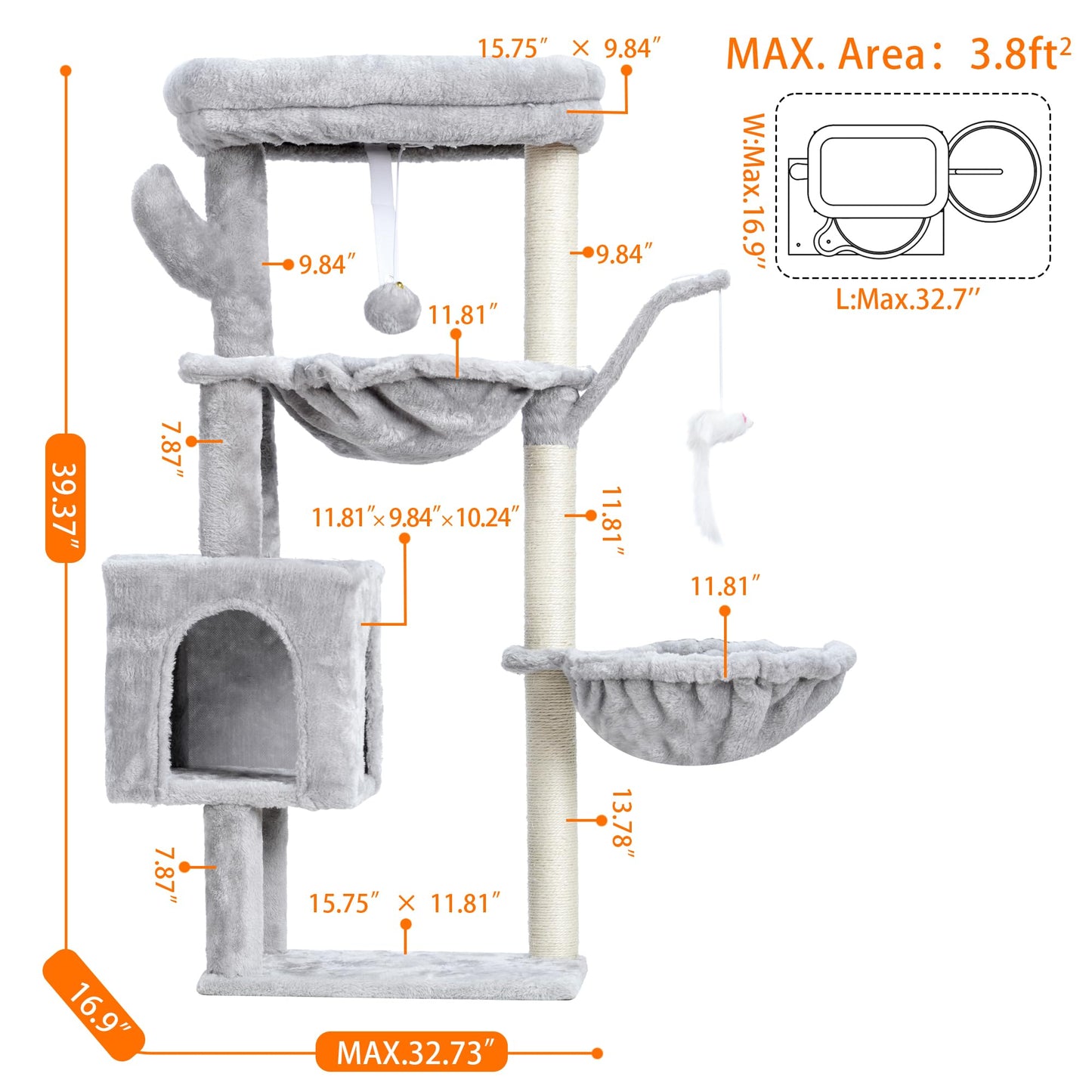 Heybly Cat Tree, 39.4 Inches Tower Condo with Scratching Post, Cat Tower for Indoor Cats, Fully Wrapped Sisal Pole, Soft Platform, 2 Baskets and Dangling Toy, Light Gray HCT006SW