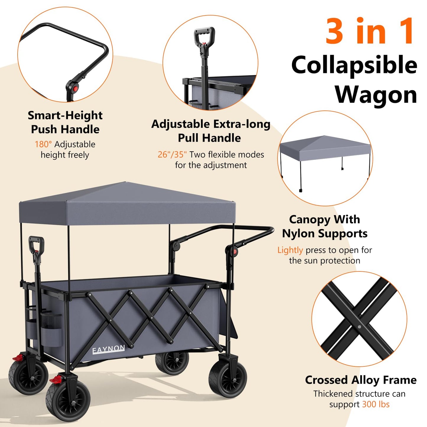3 in 1 Collapsible Wagon with 300lbs Weight Capacity,150L Heavy Duty Utility Cart with Removable Canopy,with Big All-Terrain Beach Wheels & Drink Holders,Gray