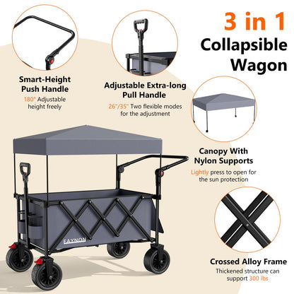 3 in 1 Collapsible Wagon with 300lbs Weight Capacity,150L Heavy Duty Utility Cart with Removable Canopy,with Big All-Terrain Beach Wheels & Drink Holders,Gray