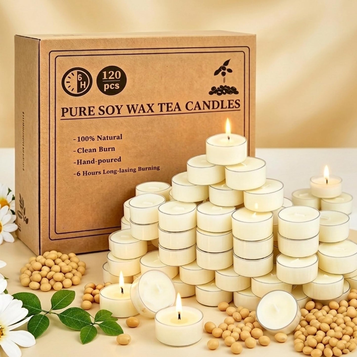 Soy Tealight Candles 120 Pack, 6 Hours Long Burning Tealights Candles Bulk, Natural Soy Wax Tea Light Candle Paraffin-Free, Unscented Small Tea Candle for Emergency,Dinner