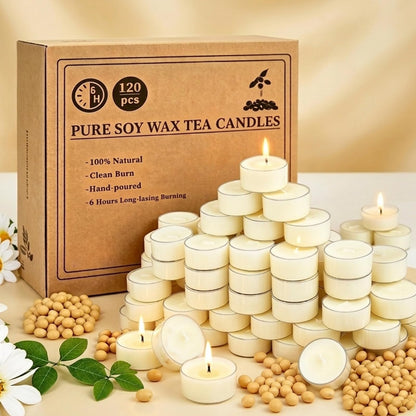 Soy Tealight Candles 120 Pack, 6 Hours Long Burning Tealights Candles Bulk, Natural Soy Wax Tea Light Candle Paraffin-Free, Unscented Small Tea Candle for Emergency,Dinner