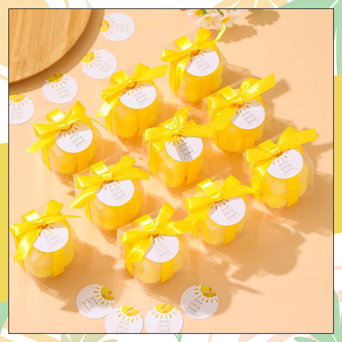 MTLEE 24 Sets Sunshine Baby Shower Favors Small Bubble Candle Baby Shower Favors for Guests Tea Candles Bulk with Stylish Ribbons Cards Gifts Party Decorations