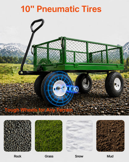 A A IN 600 lbs Heavy Duty Metal Garden Cart, Pull able Yard Wagon with Removable Mesh Sides, 180° Rotating Handle & 10" Wheels, Green