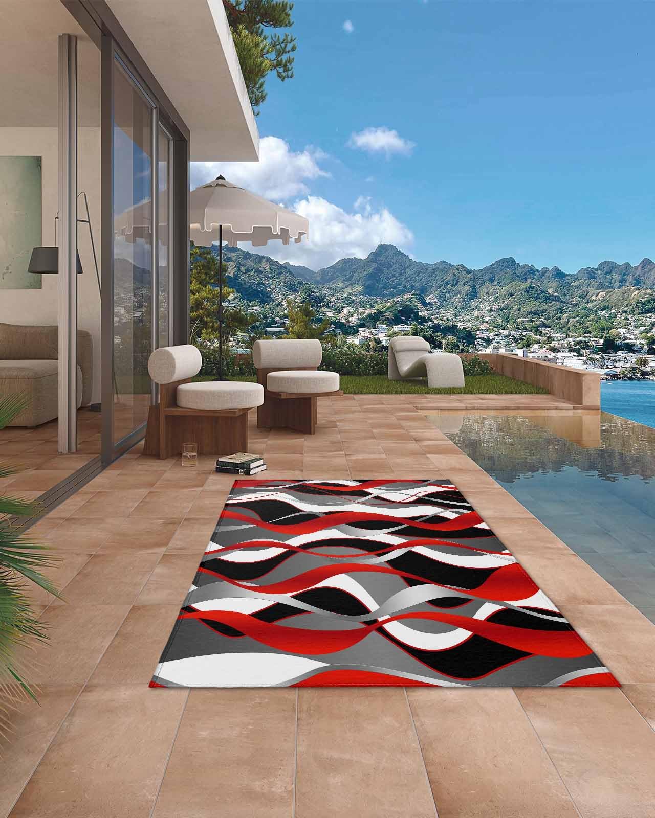 Outdoor Patio Rugs Red Black Lines Outdoor Area Rug Modern Abstract Stripes Non-Slip Backyard/Camping RV Rug/Deck/Porch Rug Front Door Floor Mat Carpet, 4x6ft