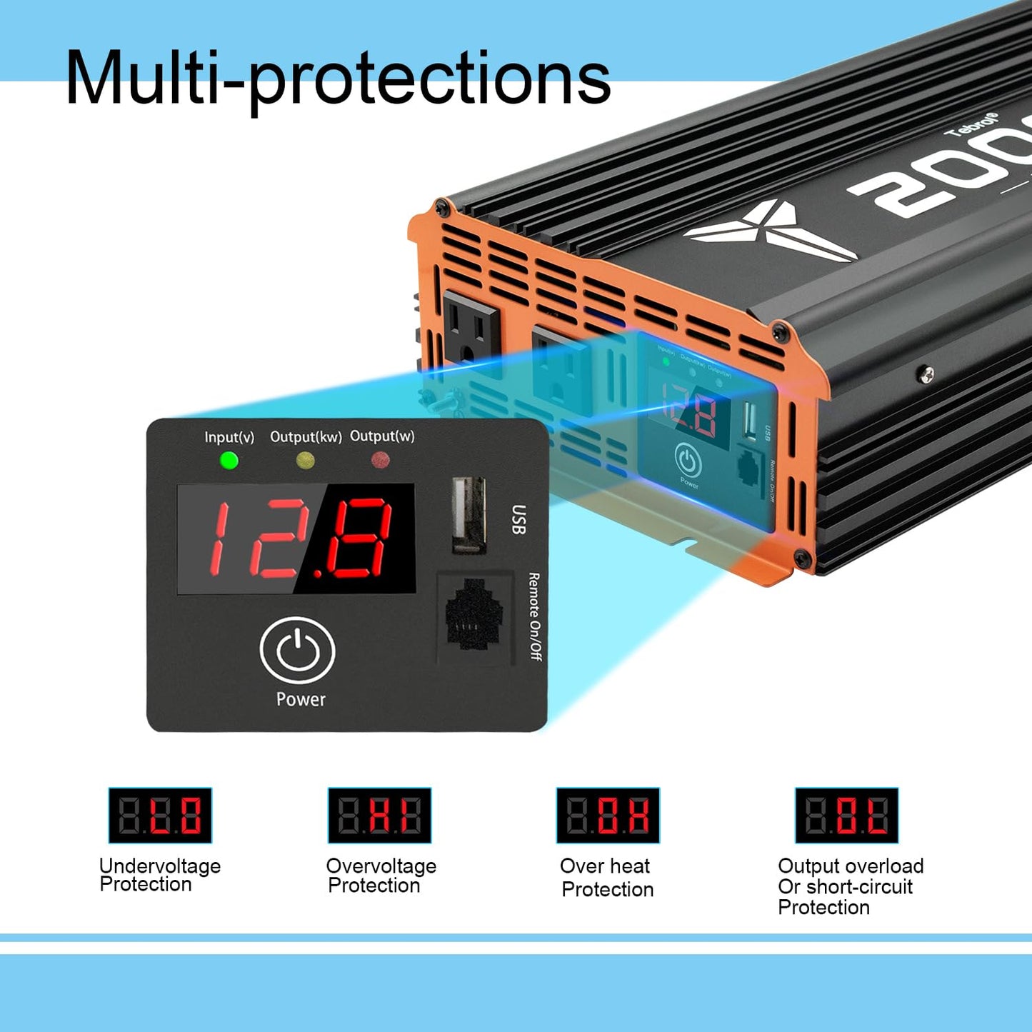 2000W Inverter 12V DC to 110V AC Converter for Home, RV, Truck, Off-Grid Solar Power Inverter with Built-in 5V/2.1A USB, AC Hardwire Port, Remote Controller